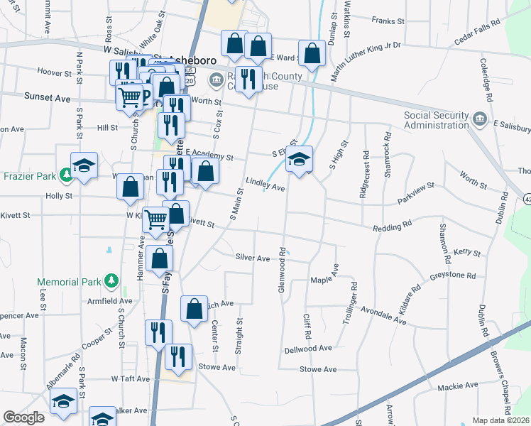 map of restaurants, bars, coffee shops, grocery stores, and more near 417E East Kivett Street in Asheboro