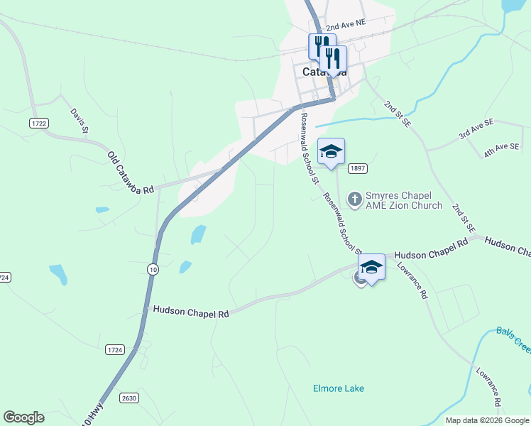 map of restaurants, bars, coffee shops, grocery stores, and more near 5268 Hudson Chapel Road in Catawba