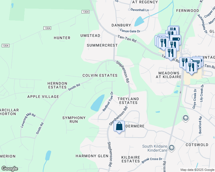 map of restaurants, bars, coffee shops, grocery stores, and more near 108 Pondside Drive in Apex