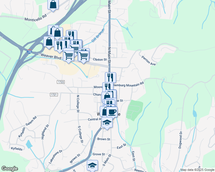 map of restaurants, bars, coffee shops, grocery stores, and more near 120 Moore Street in Weaverville
