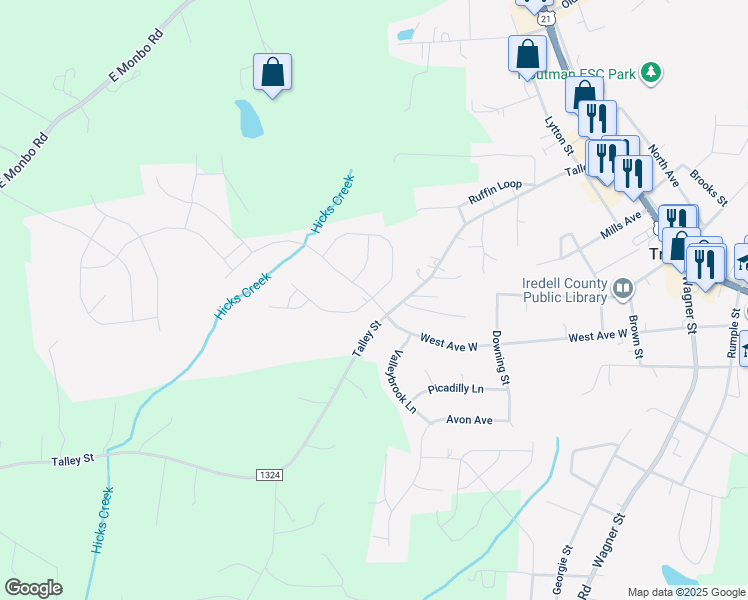 map of restaurants, bars, coffee shops, grocery stores, and more near 437 Talley Street in Troutman