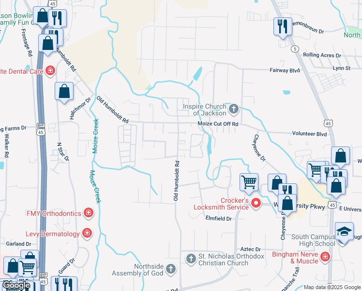map of restaurants, bars, coffee shops, grocery stores, and more near 631 Old Humboldt Road in Jackson