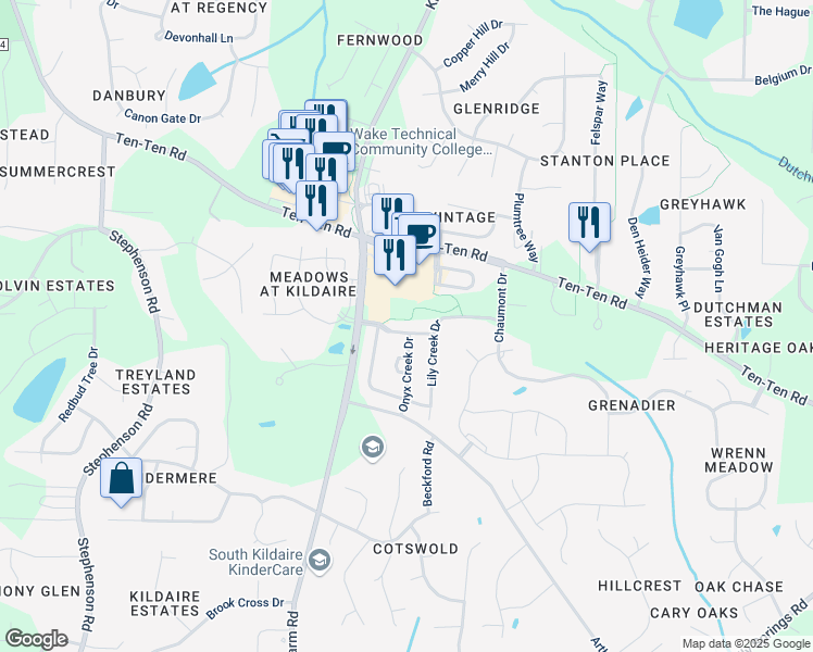 map of restaurants, bars, coffee shops, grocery stores, and more near 4048 Franks Creek Drive in Cary
