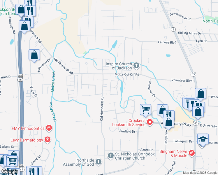 map of restaurants, bars, coffee shops, grocery stores, and more near 633 Old Humboldt Road in Jackson