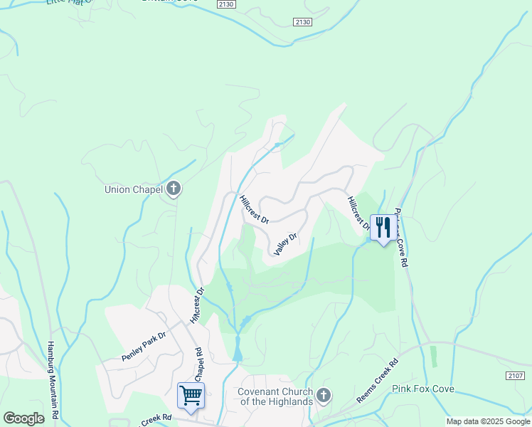 map of restaurants, bars, coffee shops, grocery stores, and more near 3 High Bluff Drive in Weaverville