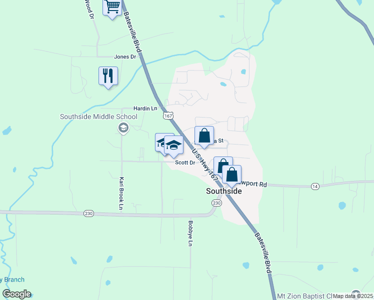 map of restaurants, bars, coffee shops, grocery stores, and more near 70 Scott Drive in Batesville
