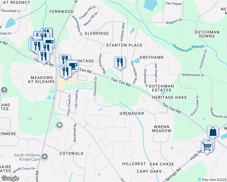 map of restaurants, bars, coffee shops, grocery stores, and more near 3716 Ten-Ten Road in Apex