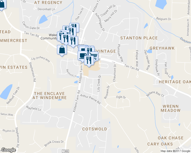 map of restaurants, bars, coffee shops, grocery stores, and more near 4048 Franks Creek Drive in Cary