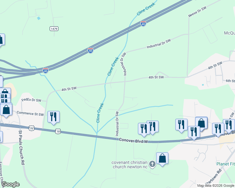 map of restaurants, bars, coffee shops, grocery stores, and more near 511 Bumgarner Industrial Drive in Conover