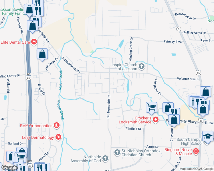 map of restaurants, bars, coffee shops, grocery stores, and more near 621 Old Humboldt Road in Jackson