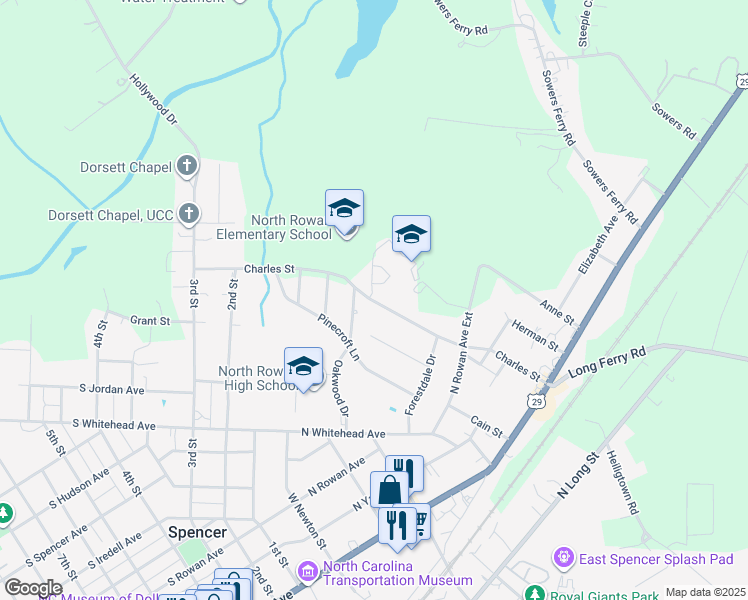 map of restaurants, bars, coffee shops, grocery stores, and more near 600 Charles Street in Spencer