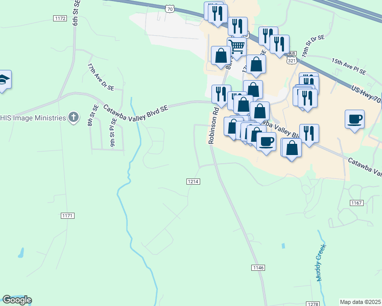 map of restaurants, bars, coffee shops, grocery stores, and more near 2491 Timberland Hills Drive in Newton