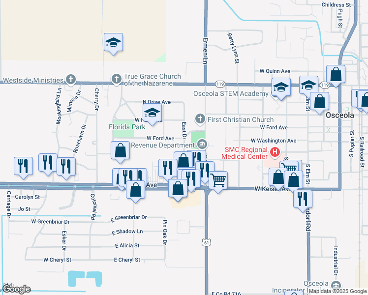 map of restaurants, bars, coffee shops, grocery stores, and more near 914 North Garden Drive in Osceola