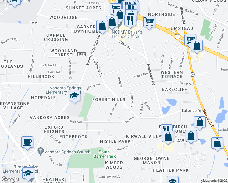 map of restaurants, bars, coffee shops, grocery stores, and more near 1306 Lakeside Drive in Garner