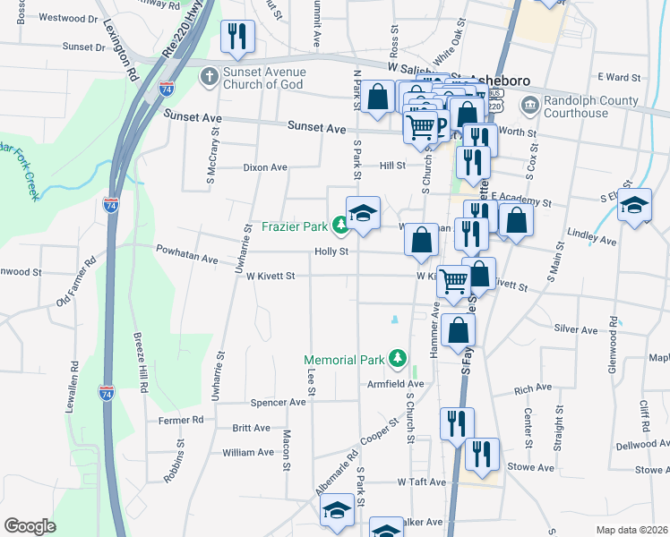map of restaurants, bars, coffee shops, grocery stores, and more near 511W West Kivett Street in Asheboro