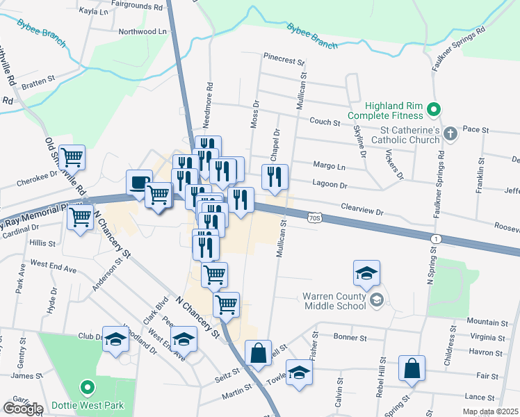map of restaurants, bars, coffee shops, grocery stores, and more near U.S. 70S in McMinnville