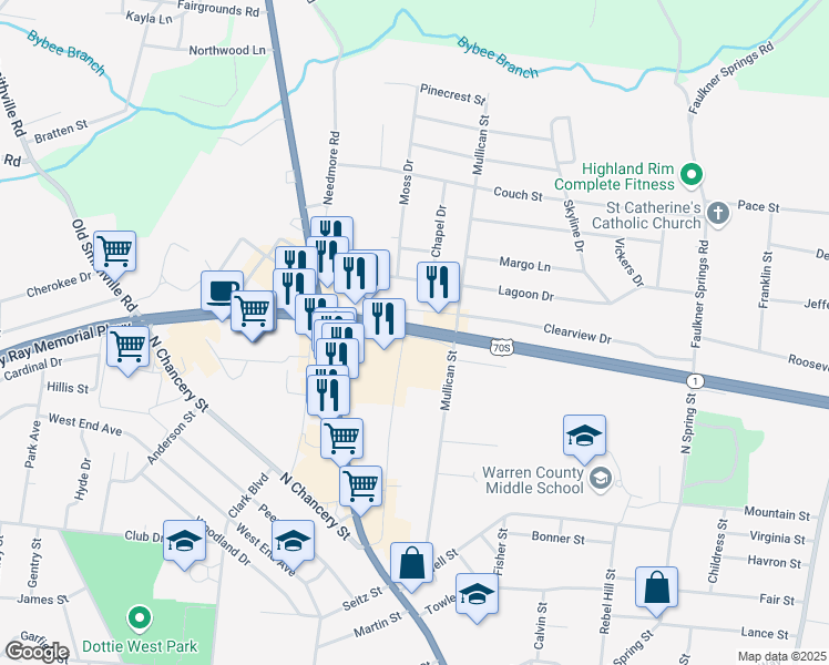 map of restaurants, bars, coffee shops, grocery stores, and more near Tennessee 1 in McMinnville