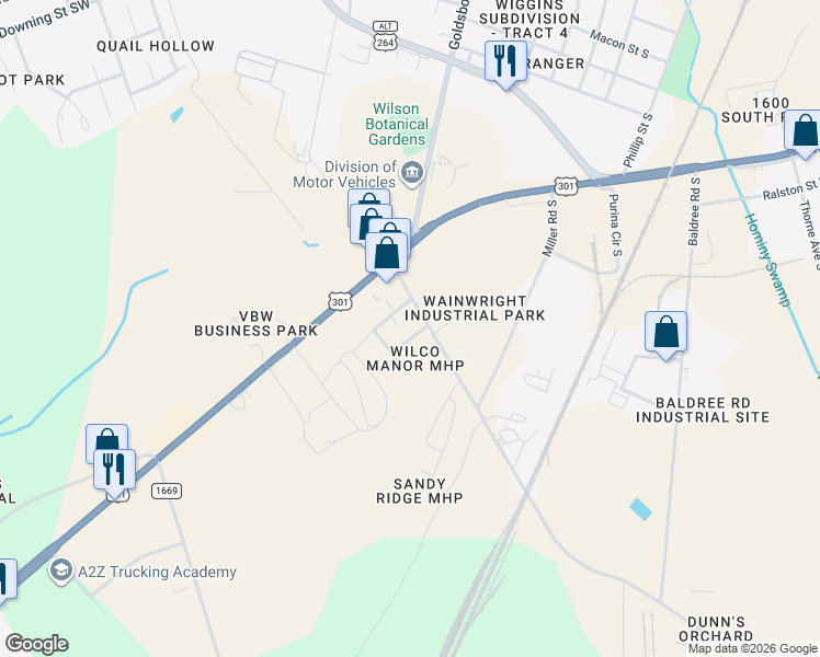 map of restaurants, bars, coffee shops, grocery stores, and more near 2008 Carolee Avenue South in Wilson