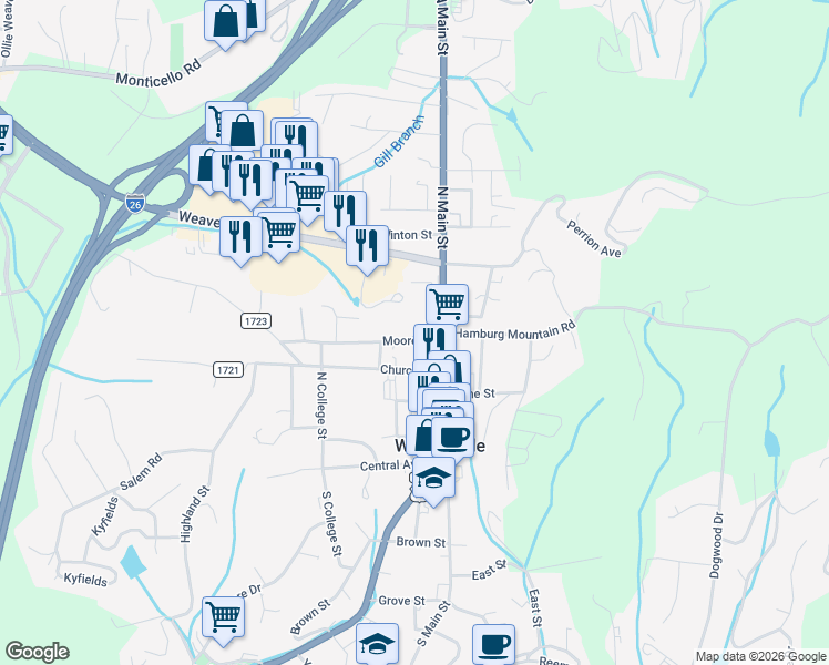 map of restaurants, bars, coffee shops, grocery stores, and more near 120 Moore Street in Weaverville