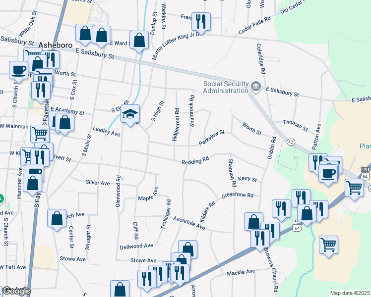 map of restaurants, bars, coffee shops, grocery stores, and more near 724 Parkview Street in Asheboro