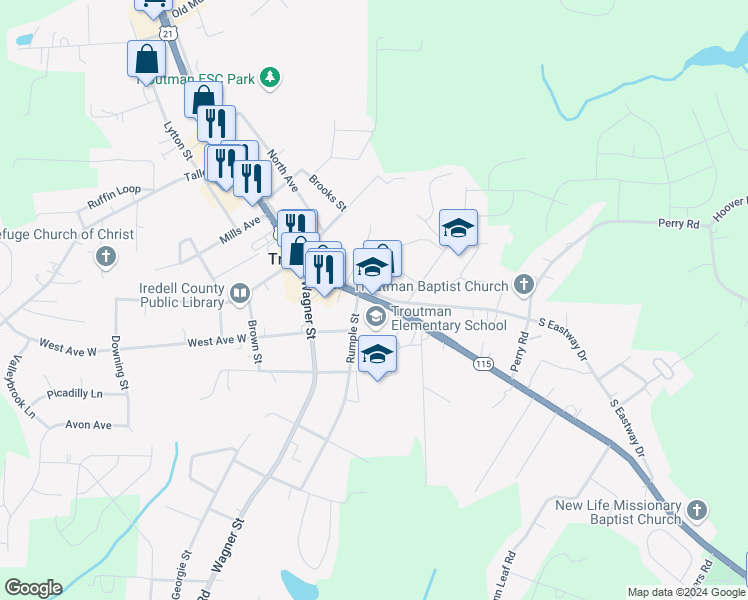 map of restaurants, bars, coffee shops, grocery stores, and more near 220 South Main Street in Troutman