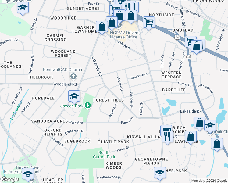 map of restaurants, bars, coffee shops, grocery stores, and more near 1306 Lakeside Drive in Garner