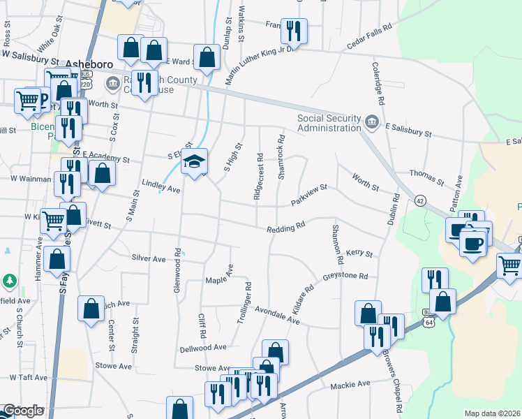 map of restaurants, bars, coffee shops, grocery stores, and more near 425 Ridgecrest Road in Asheboro