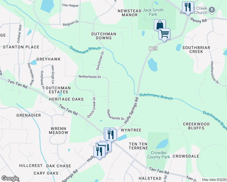map of restaurants, bars, coffee shops, grocery stores, and more near 7916 Netherlands Drive in Raleigh