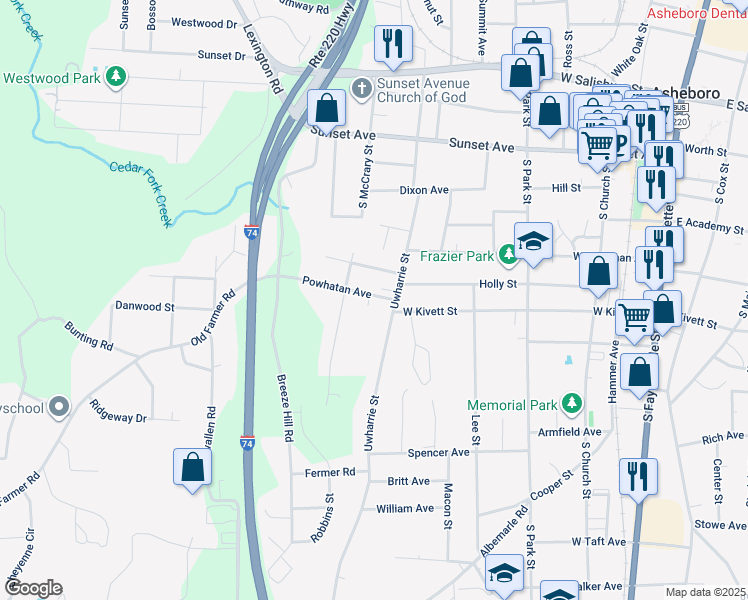 map of restaurants, bars, coffee shops, grocery stores, and more near 618 Uwharrie Street in Asheboro