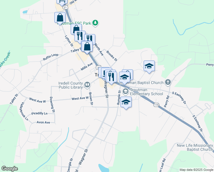 map of restaurants, bars, coffee shops, grocery stores, and more near 170 Wagner Street in Troutman