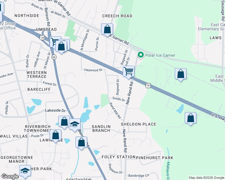 map of restaurants, bars, coffee shops, grocery stores, and more near 101 Smith Drive in Garner