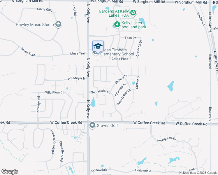 map of restaurants, bars, coffee shops, grocery stores, and more near 725 Secretariat Lane in Edmond