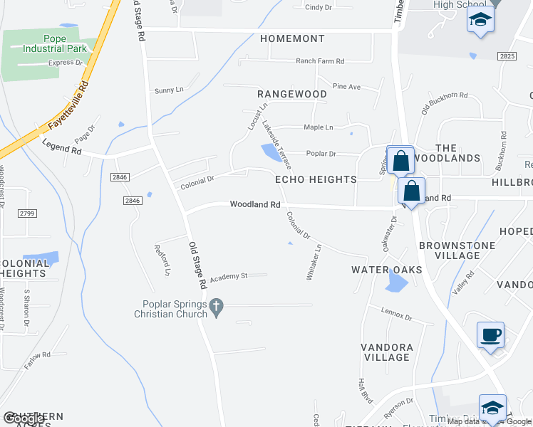 map of restaurants, bars, coffee shops, grocery stores, and more near 715 Woodland Road in Raleigh