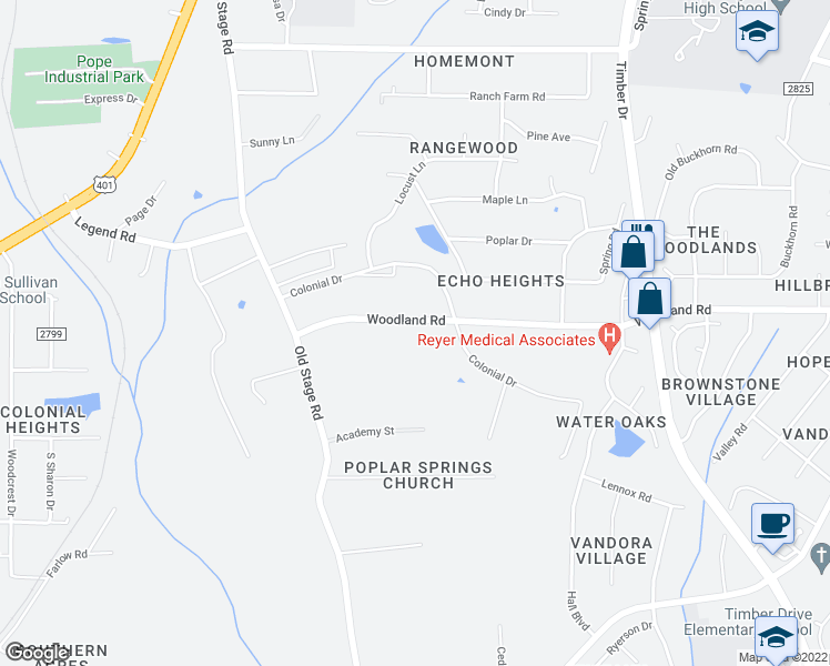 map of restaurants, bars, coffee shops, grocery stores, and more near 717 Woodland Road in Raleigh