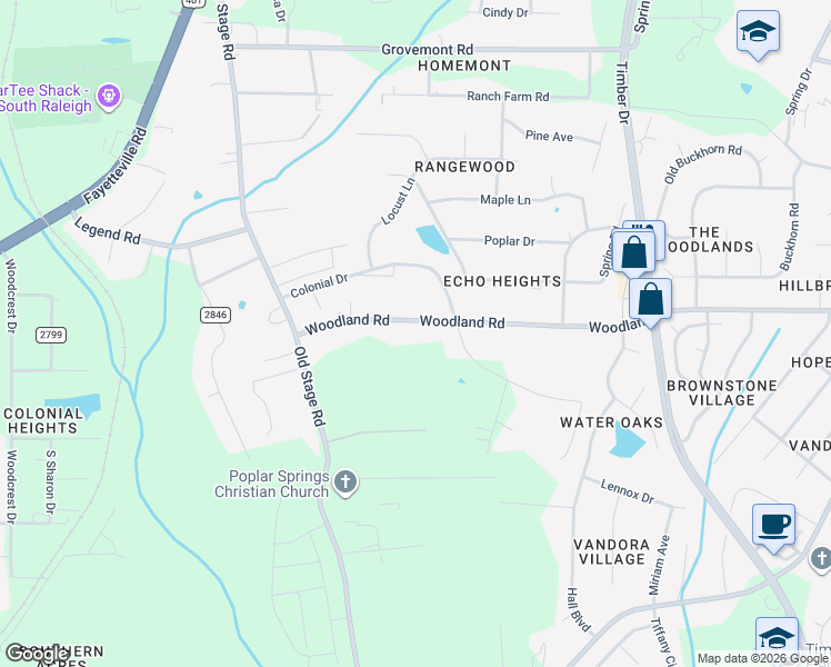 map of restaurants, bars, coffee shops, grocery stores, and more near 714 Woodland Road in Raleigh