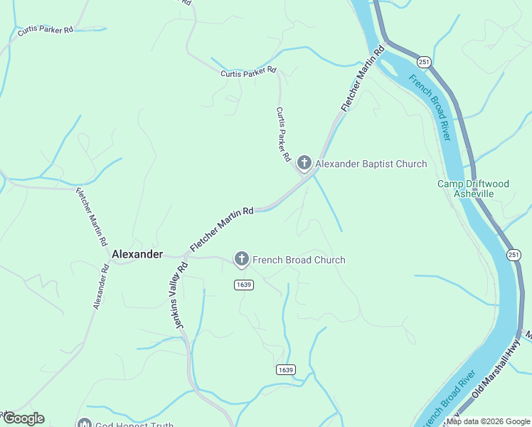map of restaurants, bars, coffee shops, grocery stores, and more near 205 Fletcher Martin Road in Alexander