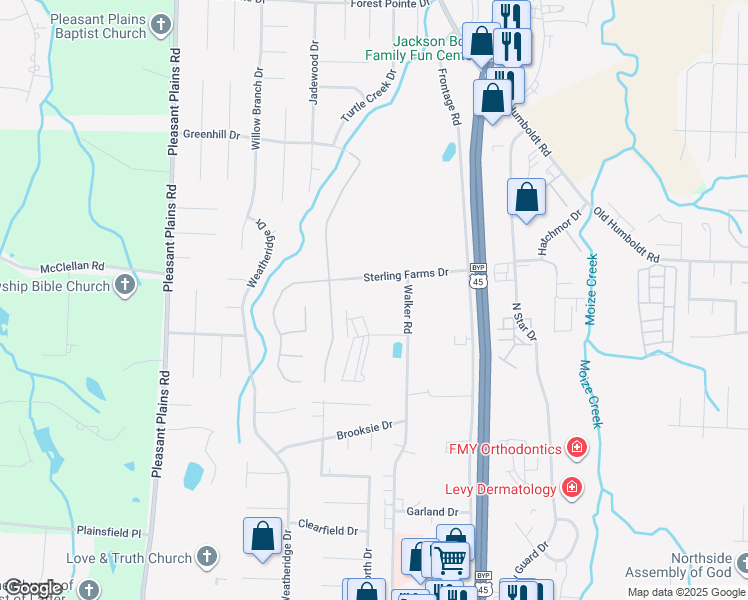 map of restaurants, bars, coffee shops, grocery stores, and more near 221 Sterling Farm Drive in Jackson