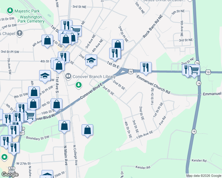 map of restaurants, bars, coffee shops, grocery stores, and more near 352-366 Conover Boulevard East in Conover