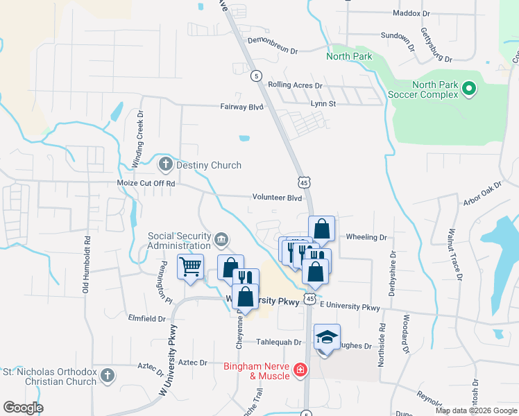map of restaurants, bars, coffee shops, grocery stores, and more near 74 Volunteer Boulevard in Jackson