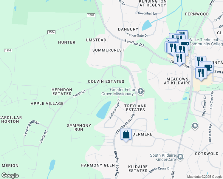 map of restaurants, bars, coffee shops, grocery stores, and more near 160 Fawnwood Acres Drive in Apex