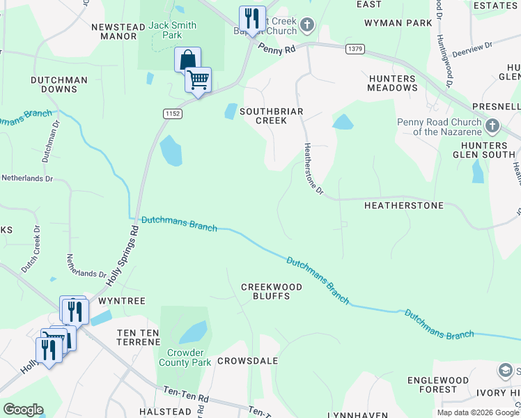 map of restaurants, bars, coffee shops, grocery stores, and more near 2724 Brenfield Drive in Raleigh