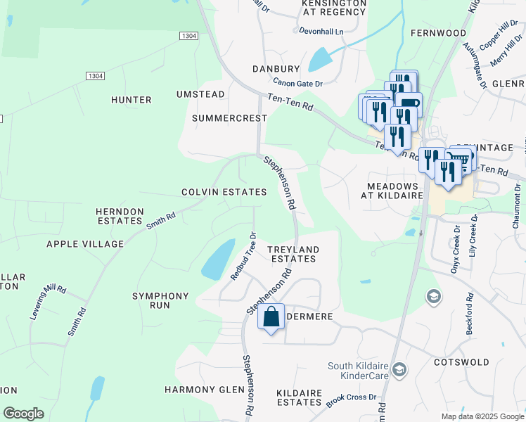 map of restaurants, bars, coffee shops, grocery stores, and more near 137 Fawnwood Acres Drive in Apex
