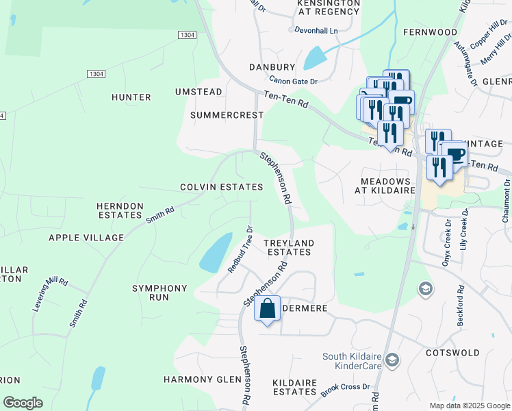 map of restaurants, bars, coffee shops, grocery stores, and more near 137 Fawnwood Acres Drive in Apex