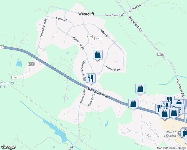 map of restaurants, bars, coffee shops, grocery stores, and more near 304 Ashbrook Road in Salisbury