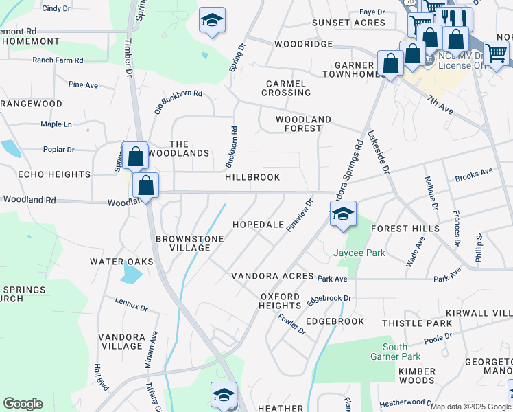 map of restaurants, bars, coffee shops, grocery stores, and more near 1305 Valley Road in Garner