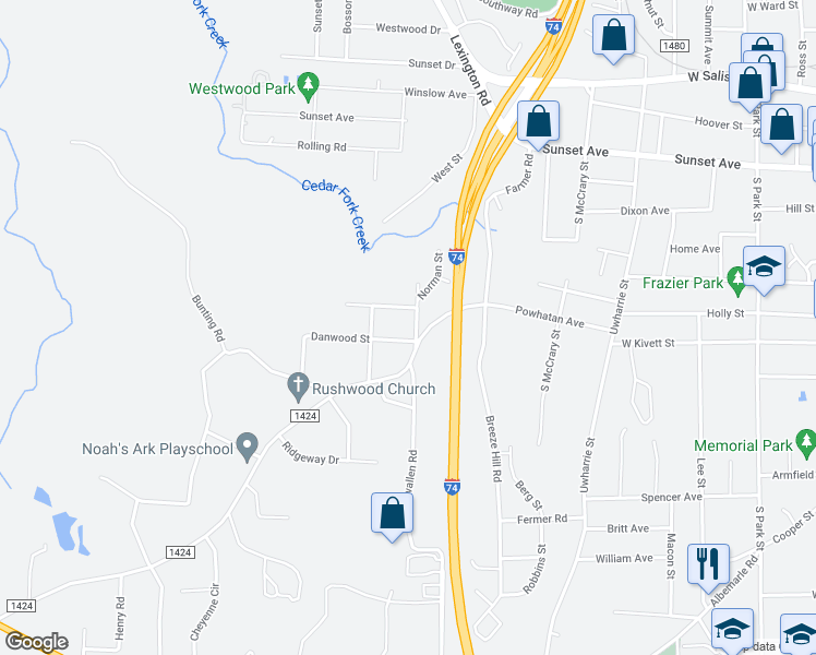 map of restaurants, bars, coffee shops, grocery stores, and more near 717 Russell Street in Asheboro