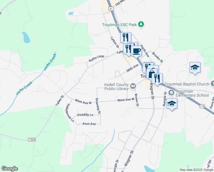 map of restaurants, bars, coffee shops, grocery stores, and more near 339 Mills Avenue in Troutman