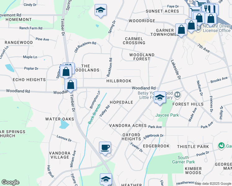 map of restaurants, bars, coffee shops, grocery stores, and more near 1703 Woodland Road in Garner
