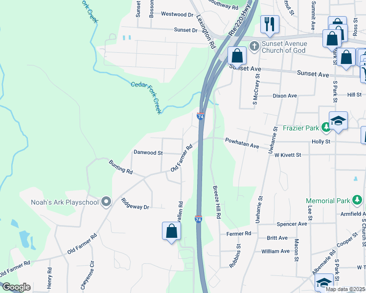 map of restaurants, bars, coffee shops, grocery stores, and more near 718 Highridge Street in Asheboro