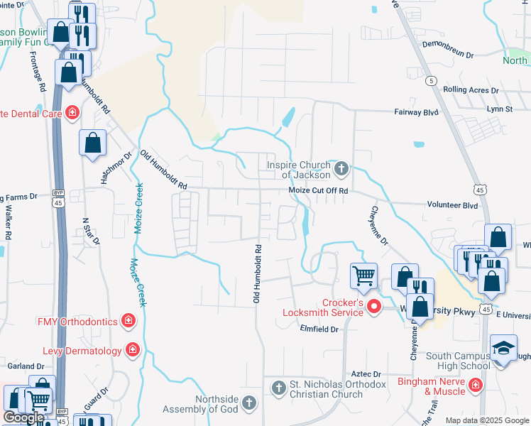 map of restaurants, bars, coffee shops, grocery stores, and more near 654 Old Humboldt Road in Jackson